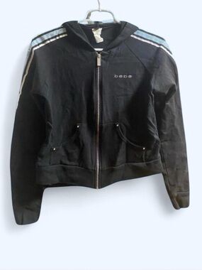 Vintage Y2K Bebe Black White Blue Striped Sleeve Zip-Up Hoodie Sweatshirt Small